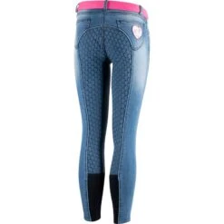 Horze Kids' Poppy Denim Silicone Full Seat Breeches - Lead Blue -Equestrian Supplies 319350 800 800
