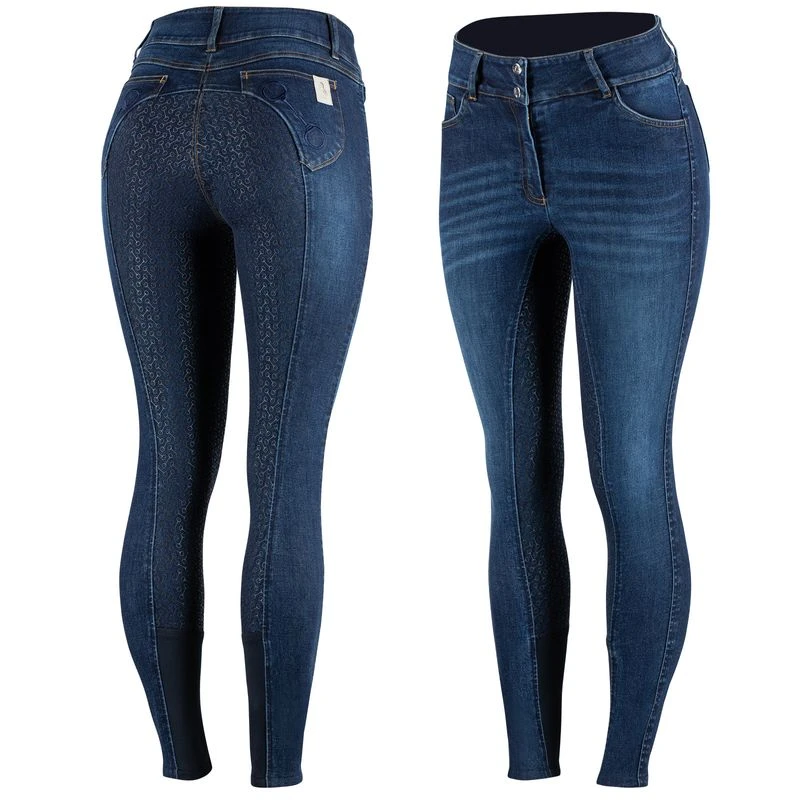 Horze Women's Kaia Highwaist Denim Silicone Full Seat Breech - Dark Blue 3 Horze Women's Kaia Highwaist Denim Silicone Full Seat Breech - Dark Blue