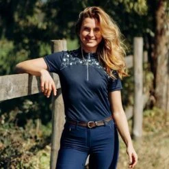 Horze Women's Kaitlin Short Sleeved Performance Shirt W/ Flower Print - Peacoat Dark Blue 9 Horze Women's Kaitlin Short Sleeved Performance Shirt W/ Flower Print - Peacoat Dark Blue -Equestrian Supplies 543294 800 800