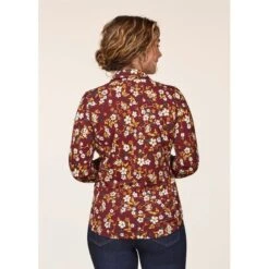 EQL Women's Ruched Button Front Long Sleeve Shirt - Sangria Snaffle Floral -Equestrian Supplies 698682 800 800